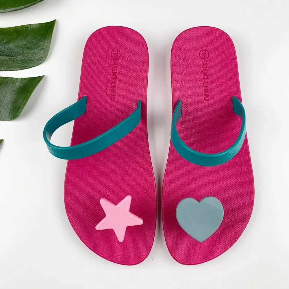 Moo Chuu Sandals Flip Flops Heart Star Pink Rubber Flexible Women's 38 US 8 9